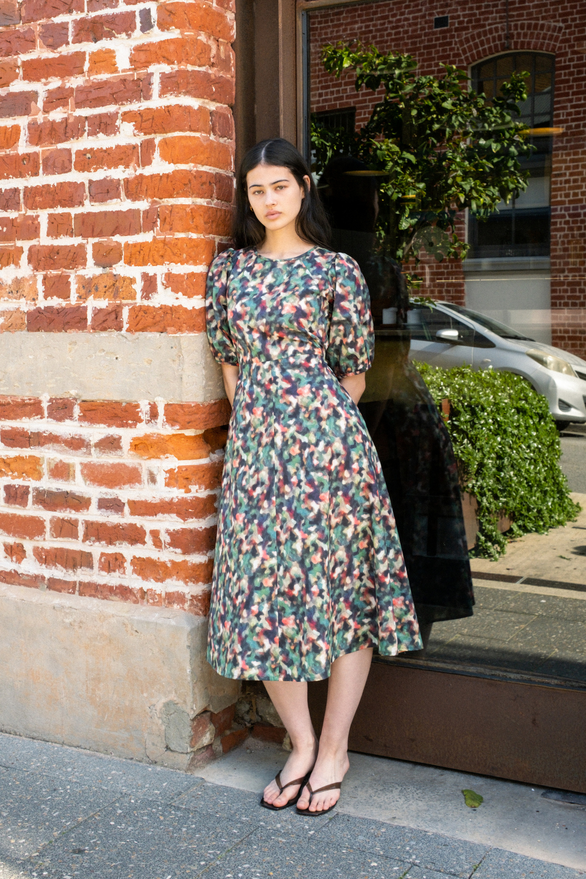 Puff Sleeve A-Line Dress | Green