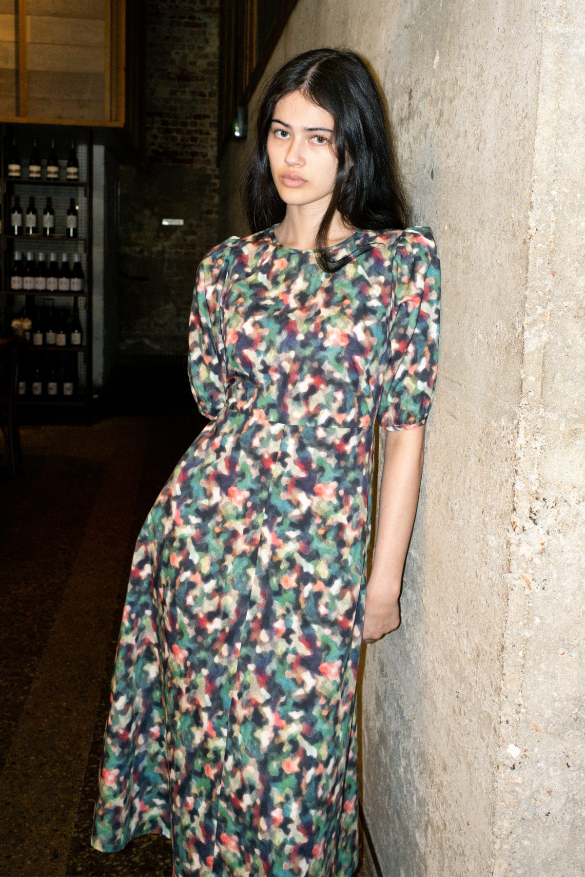 Puff Sleeve A-Line Dress | Green