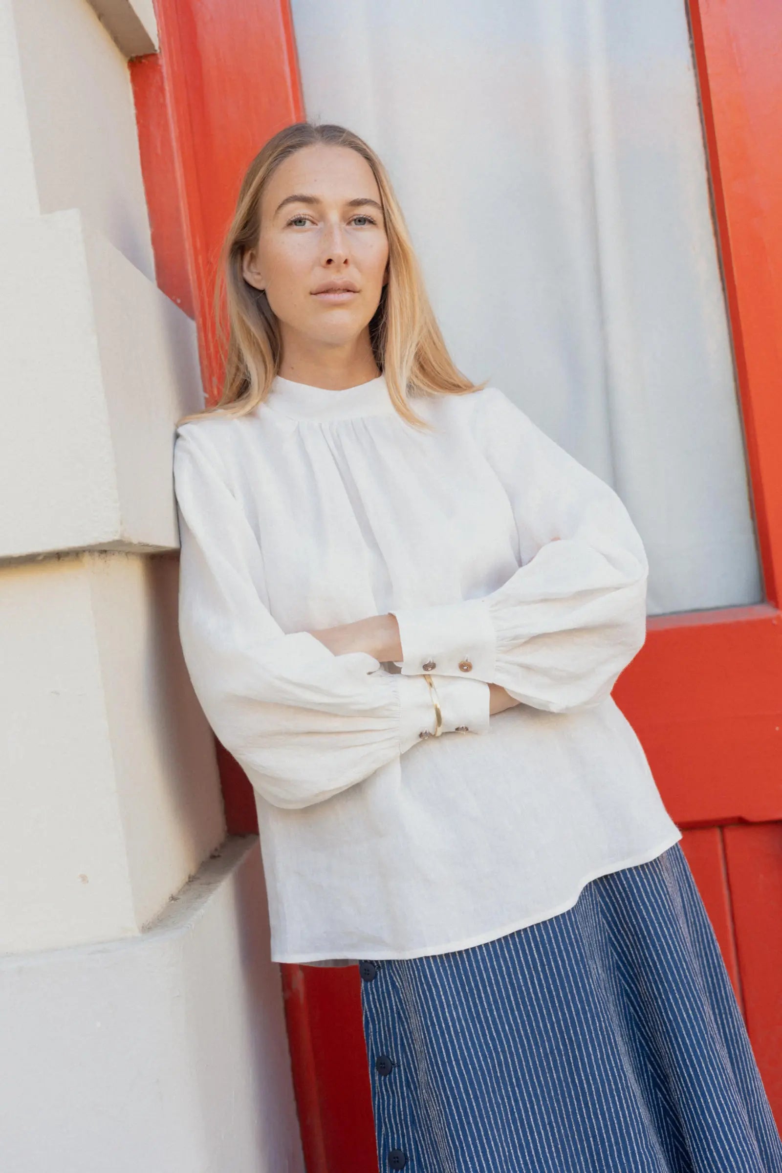 Hi Neck Top With Sleeves | Chalk