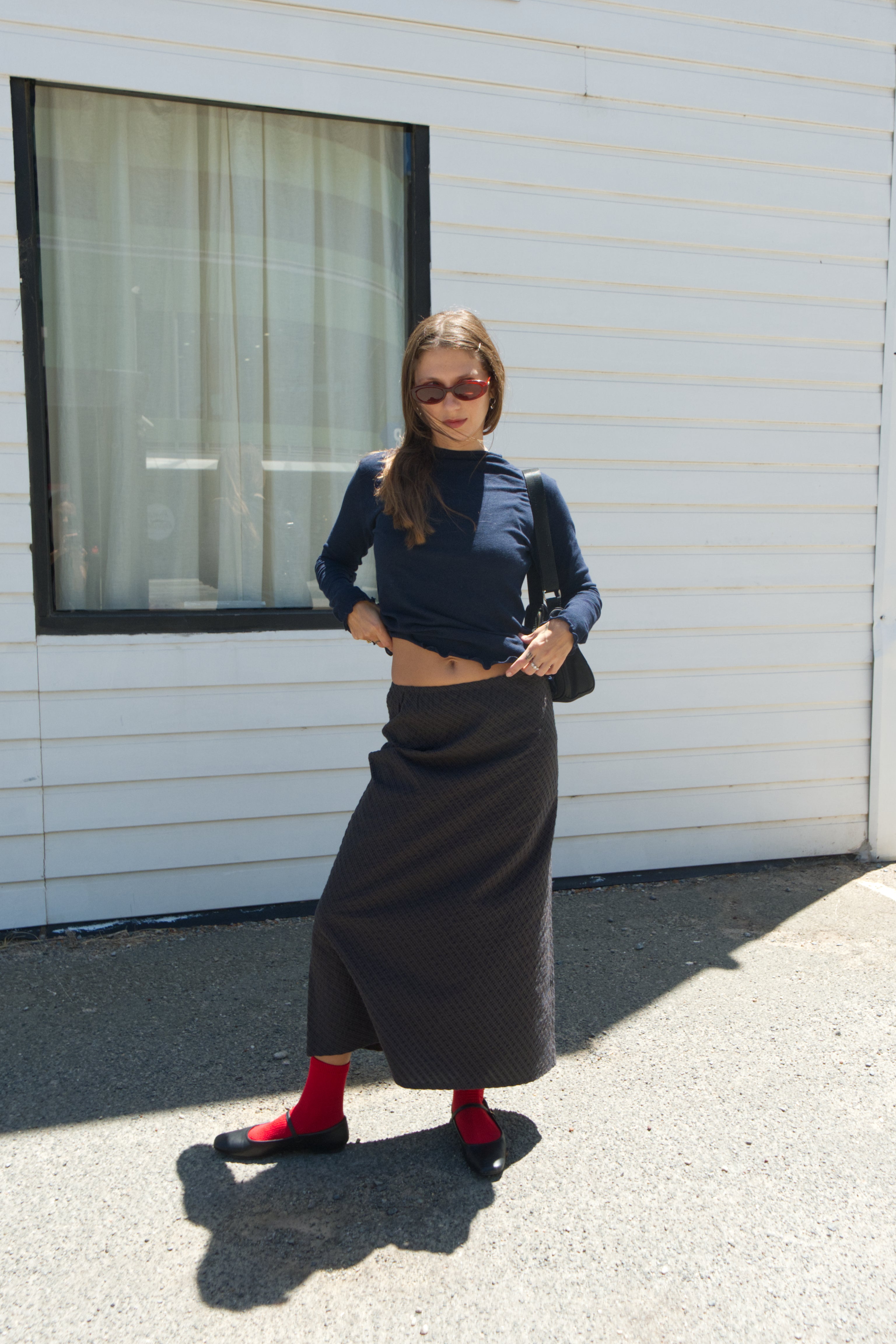 A-Line Bias Skirt | Navy and Brown Check