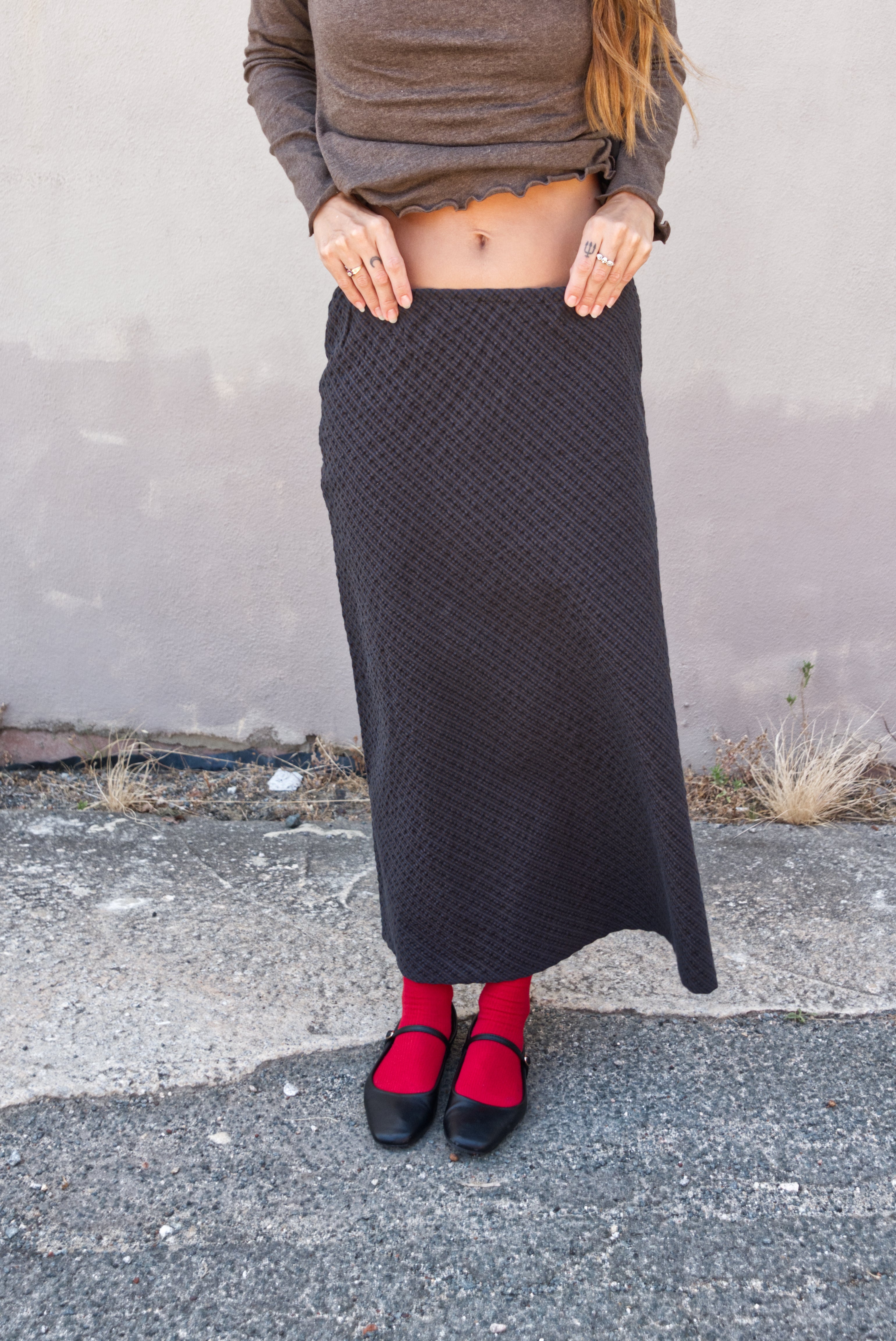 A-Line Bias Skirt | Navy and Brown Check