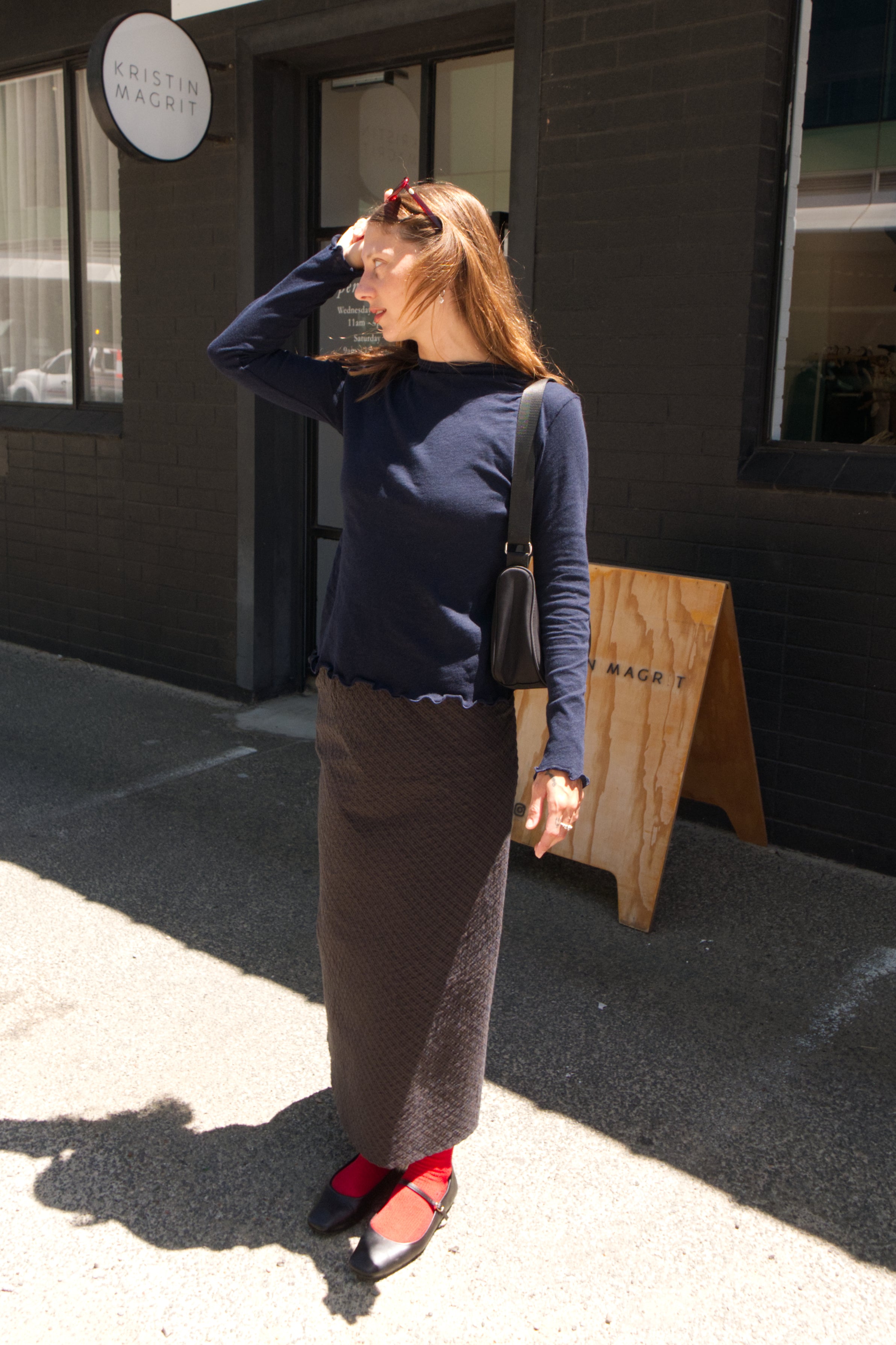 A-Line Bias Skirt | Navy and Brown Check