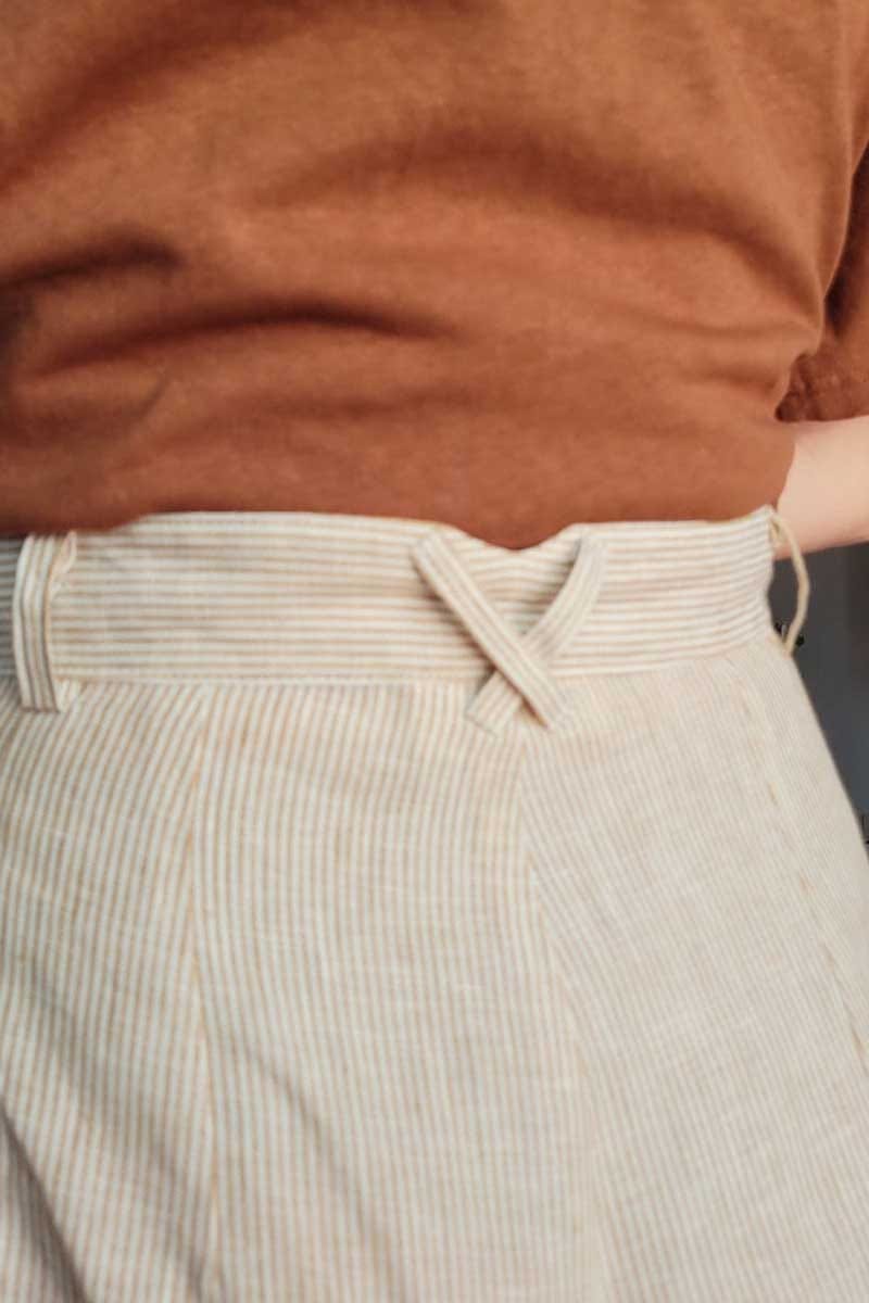 kristin magrit striped sailor pant colour white stripe linen, A long chic leg line with a flattering wide leg cut, Buttons made from sustainable white River Shell, detail belt back