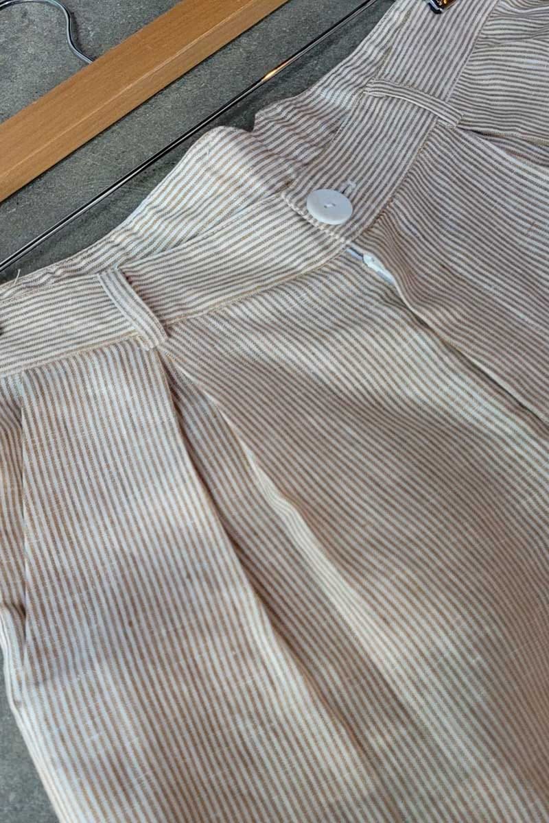 kristin magrit striped sailor pant colour white stripe linen, A long chic leg line with a flattering wide leg cut, Buttons made from sustainable white River Shell, front button detail
