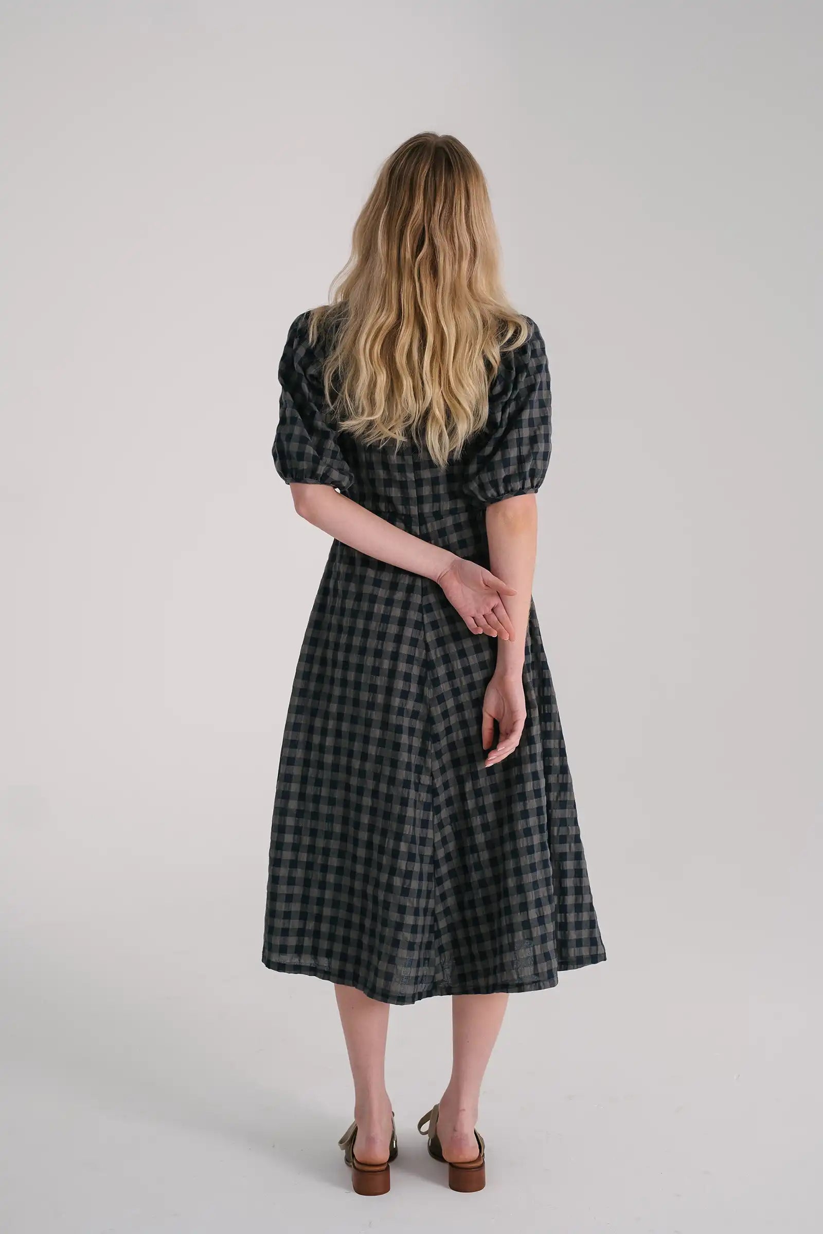 Gingham Seersucker A Line Dress in Mocha and Black Cotton Check