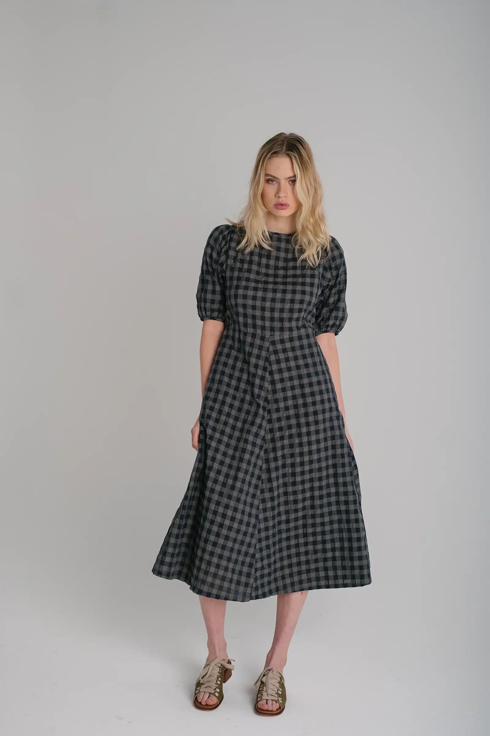 Gingham Seersucker A-Line Dress in Mocha and Black Cotton Check
