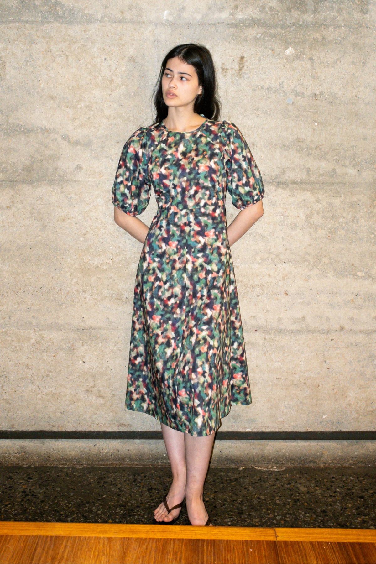 Puff Sleeve A-Line Dress | Green