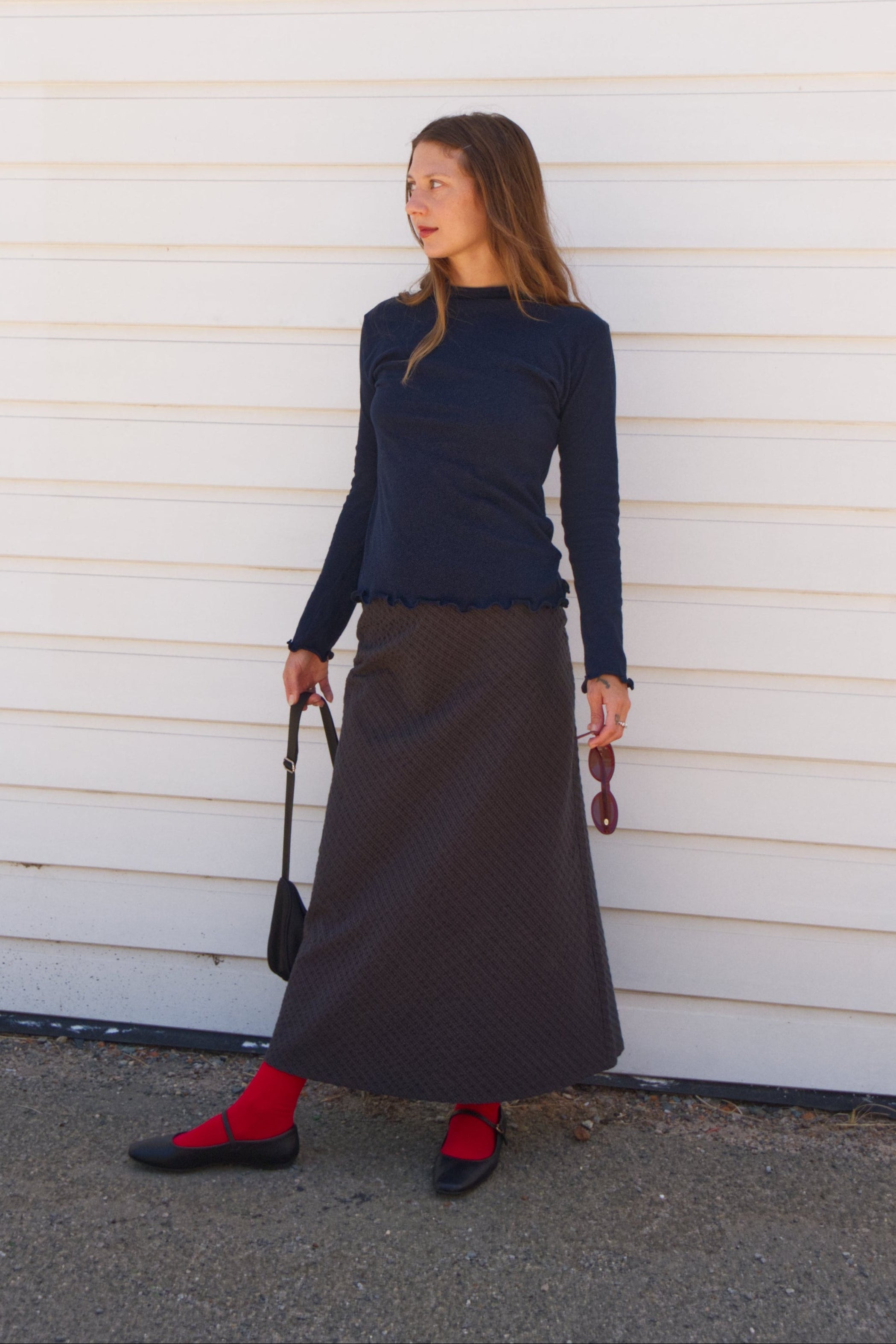 A-Line Bias Skirt | Navy and Brown Check