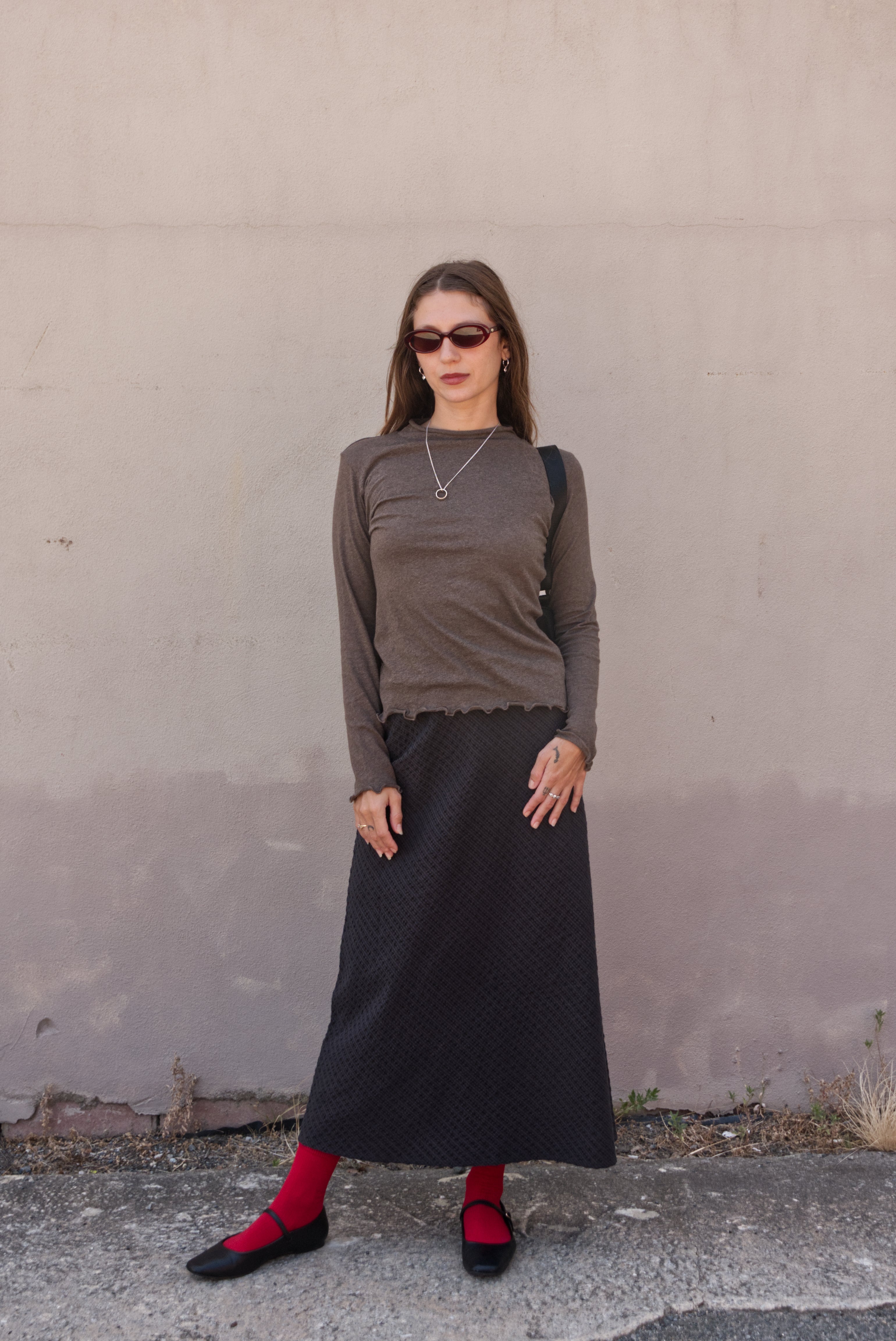 A-Line Bias Skirt | Navy and Brown Check