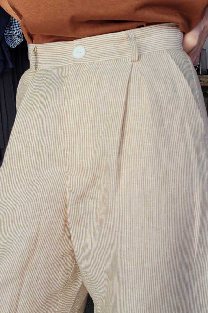 kristin magrit striped sailor pant colour white stripe linen, A long chic leg line with a flattering wide leg cut, Buttons made from sustainable white River Shell, front detail